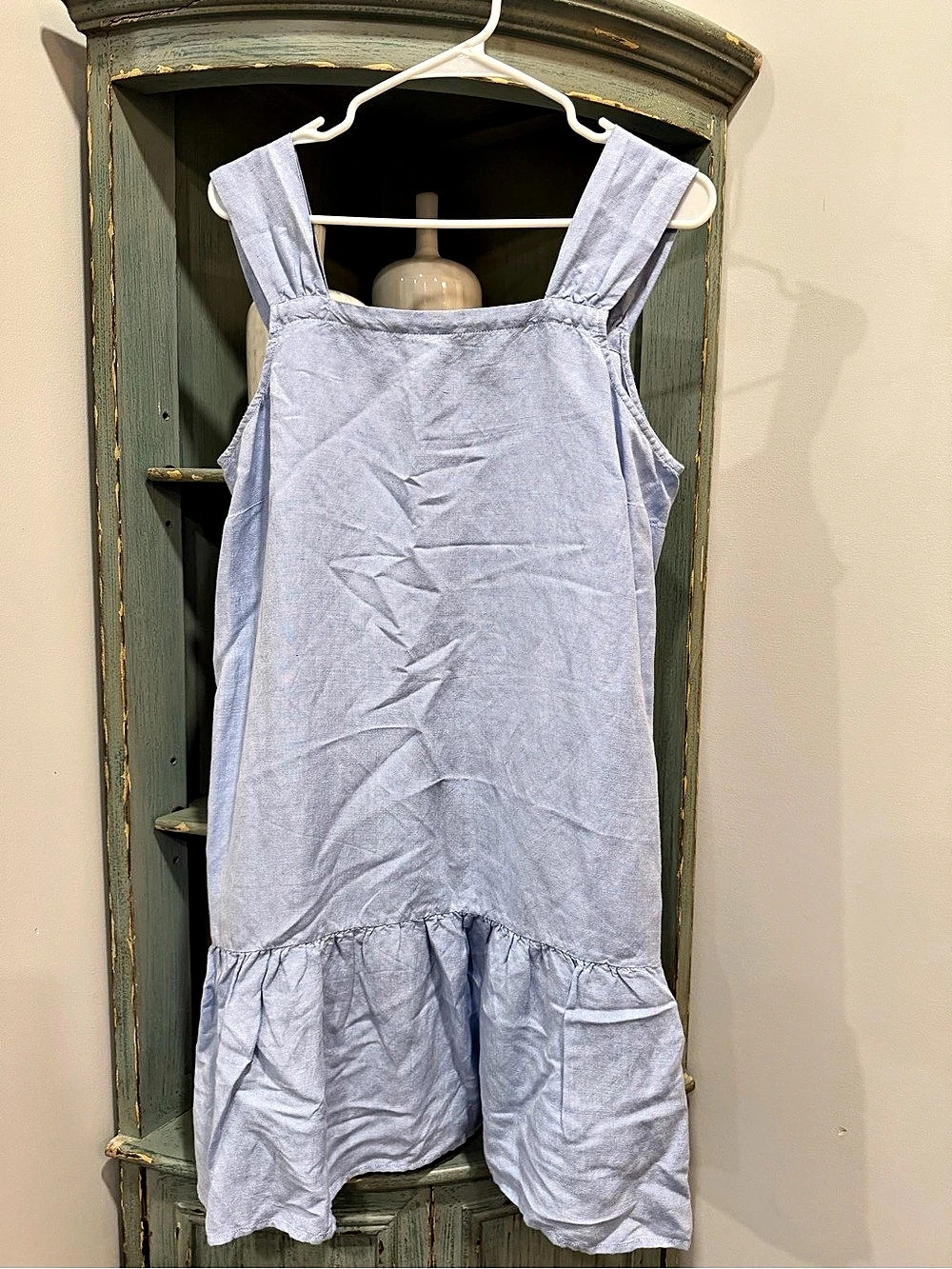 LOFT Blue Linen Chambray Square Neck Ruffle Hem Dress Mini Dress, Blue, Medium